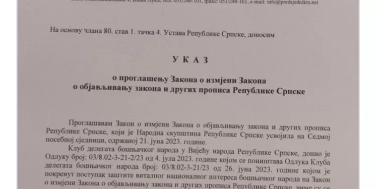 Dodik potpisao ukaz, Službeni glasnik Srpske nema obavezu objavljivanja odluka OHR-a